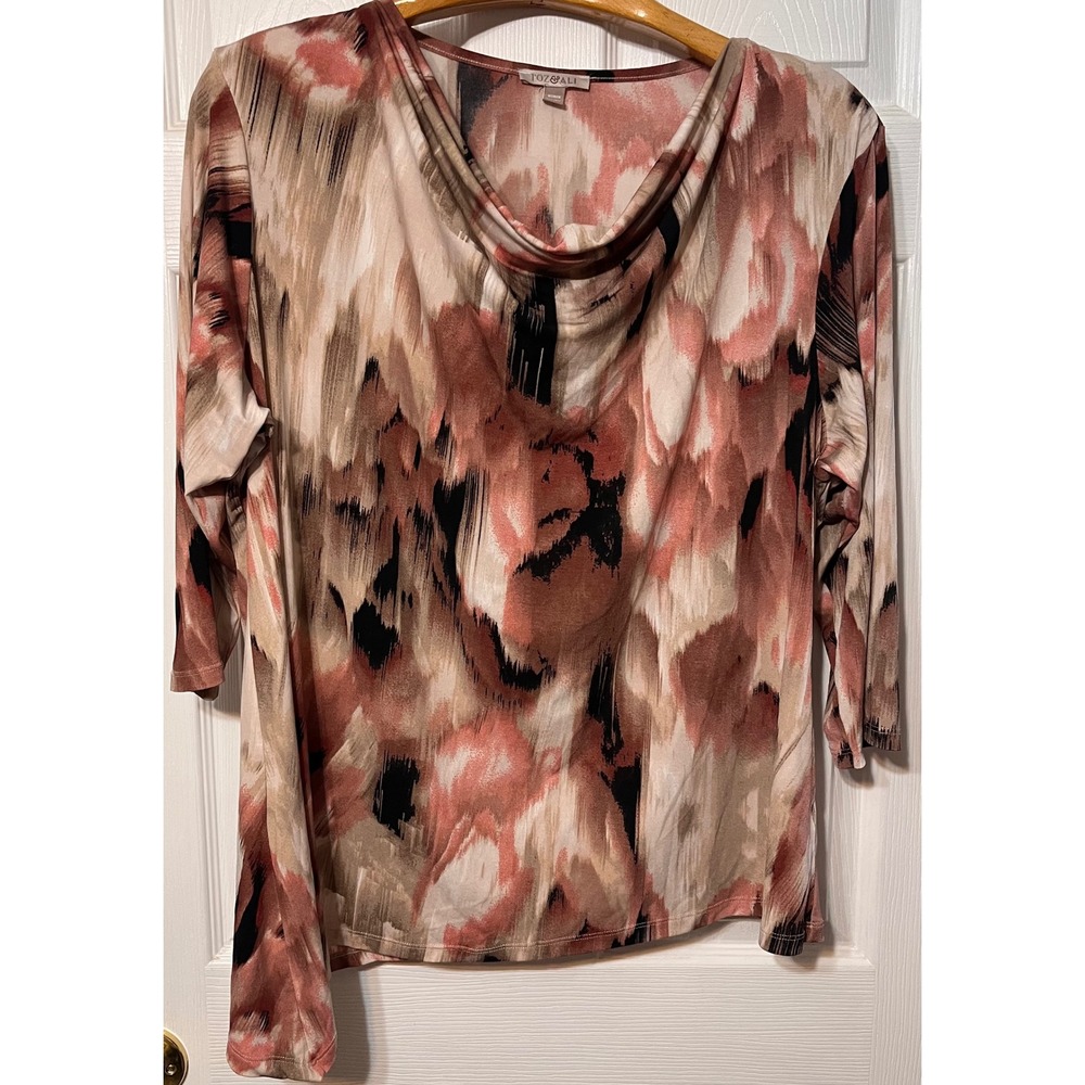 Roz & Ali Womens 3X Abstract Brushstroke Cowl Neck Top 3/4 Sleeve Terracotta